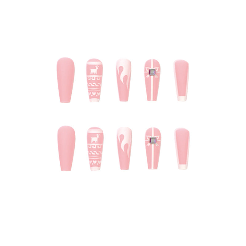 Wear nail pads Elk Christmas fake nails Pink white contrasting rhinestone nail pads Wholesale nail pads｜365nails