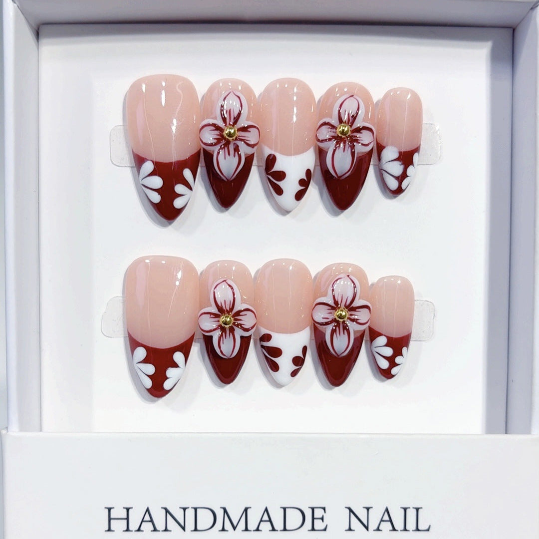 Timeless Bloom: "Crimson Floral" – Almond Shape Handmade Press-On Nails