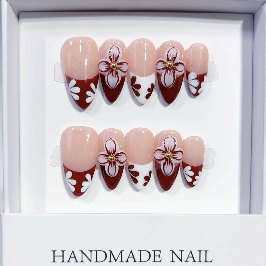 Timeless Bloom: "Crimson Floral" – Almond Shape Handmade Press-On Nails