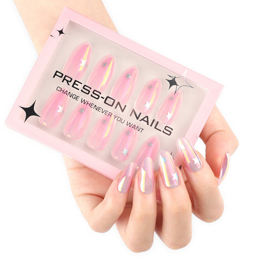 Silver star manicure 30pcs fake nails  short almond nail