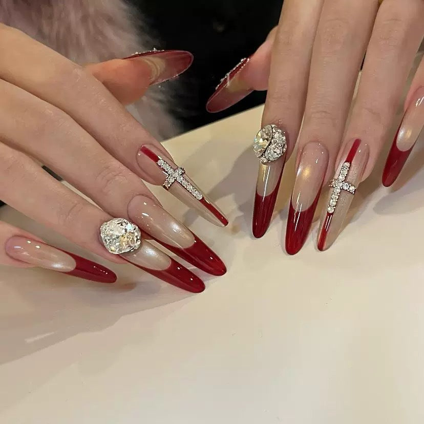 365nails: "Crimson Royalty" – 3D Diamond French Handmade Stiletto Nails