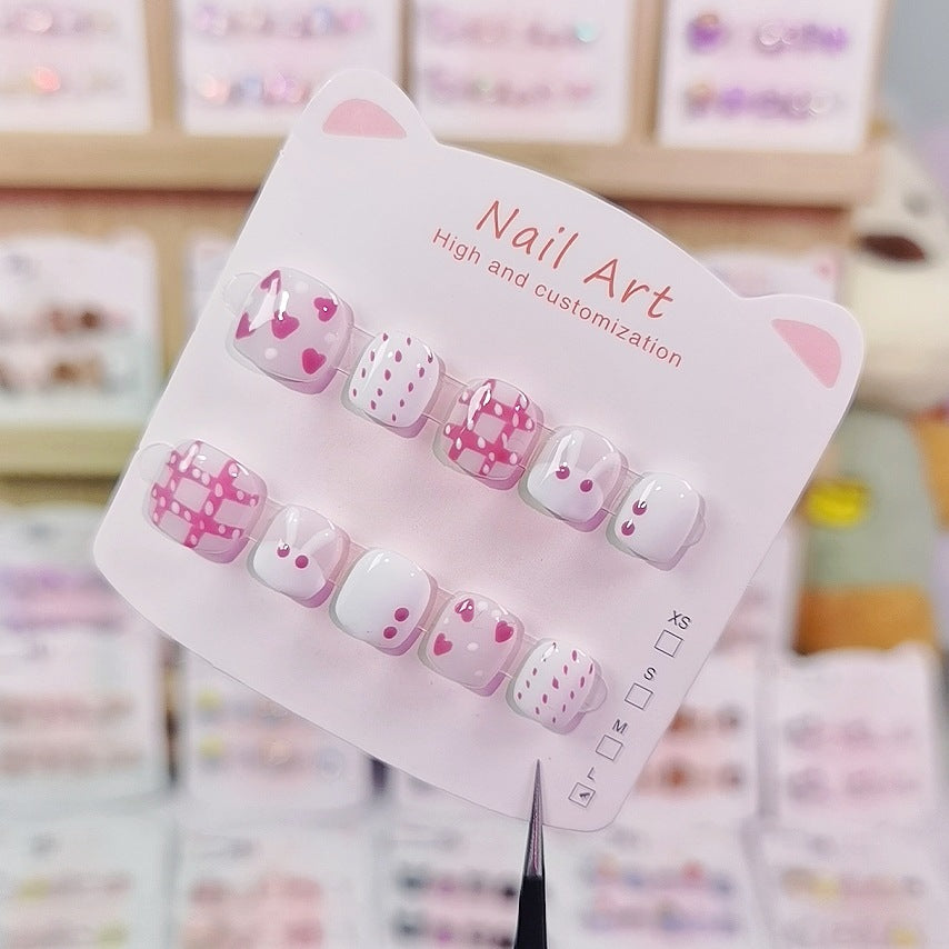 Pink Heart Polka Cute Kids Press On Nails Set