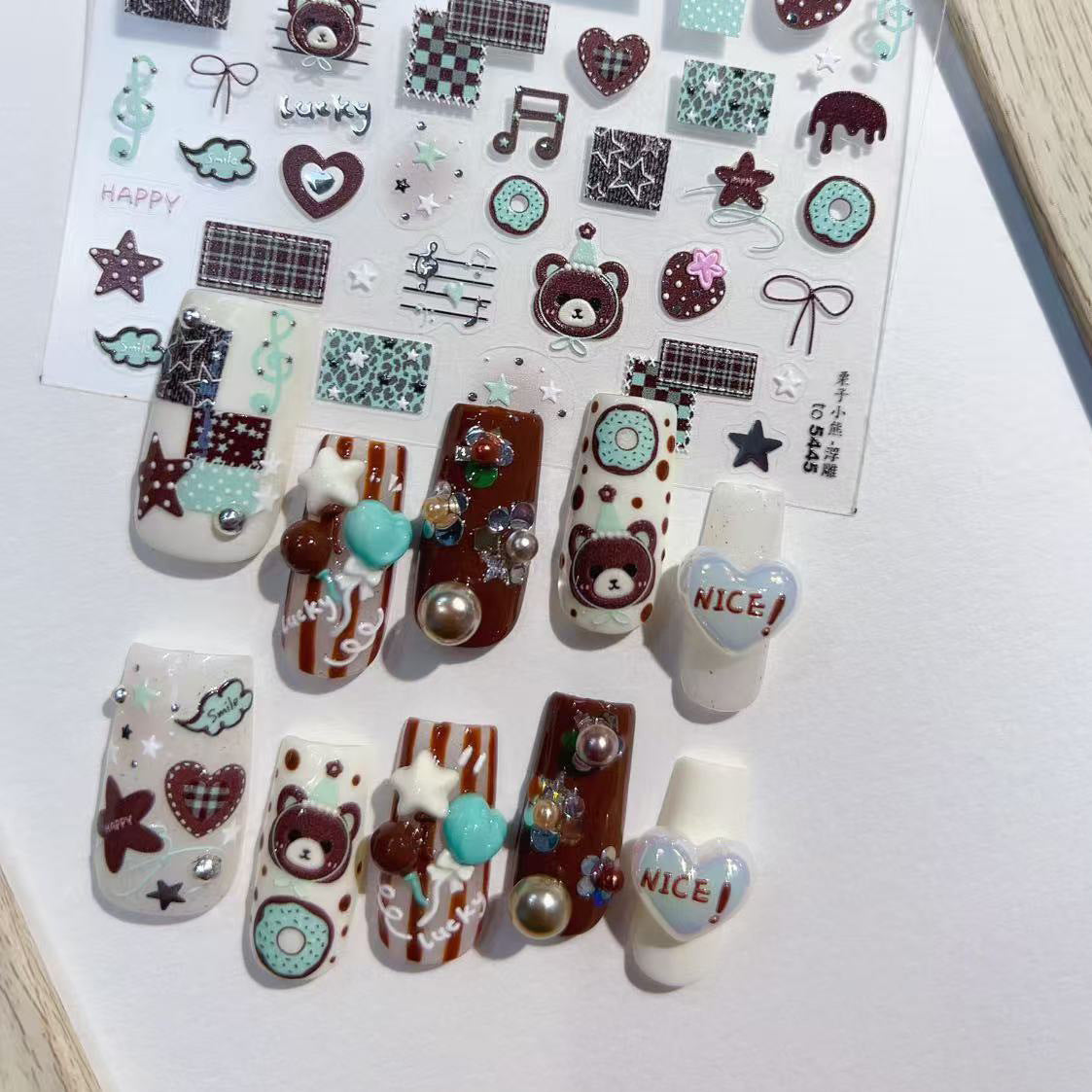 Cute Brown Bear Collection: "Checkered Bear" – 3D Embossed Nail Sticker