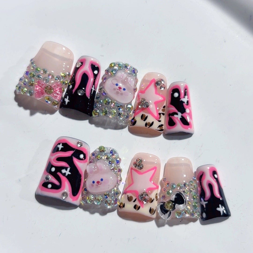 Y2K Punk Kawaii: "Pink Flame Bunny" – Short Square Black & Pink Cartoon Handmade Press-On