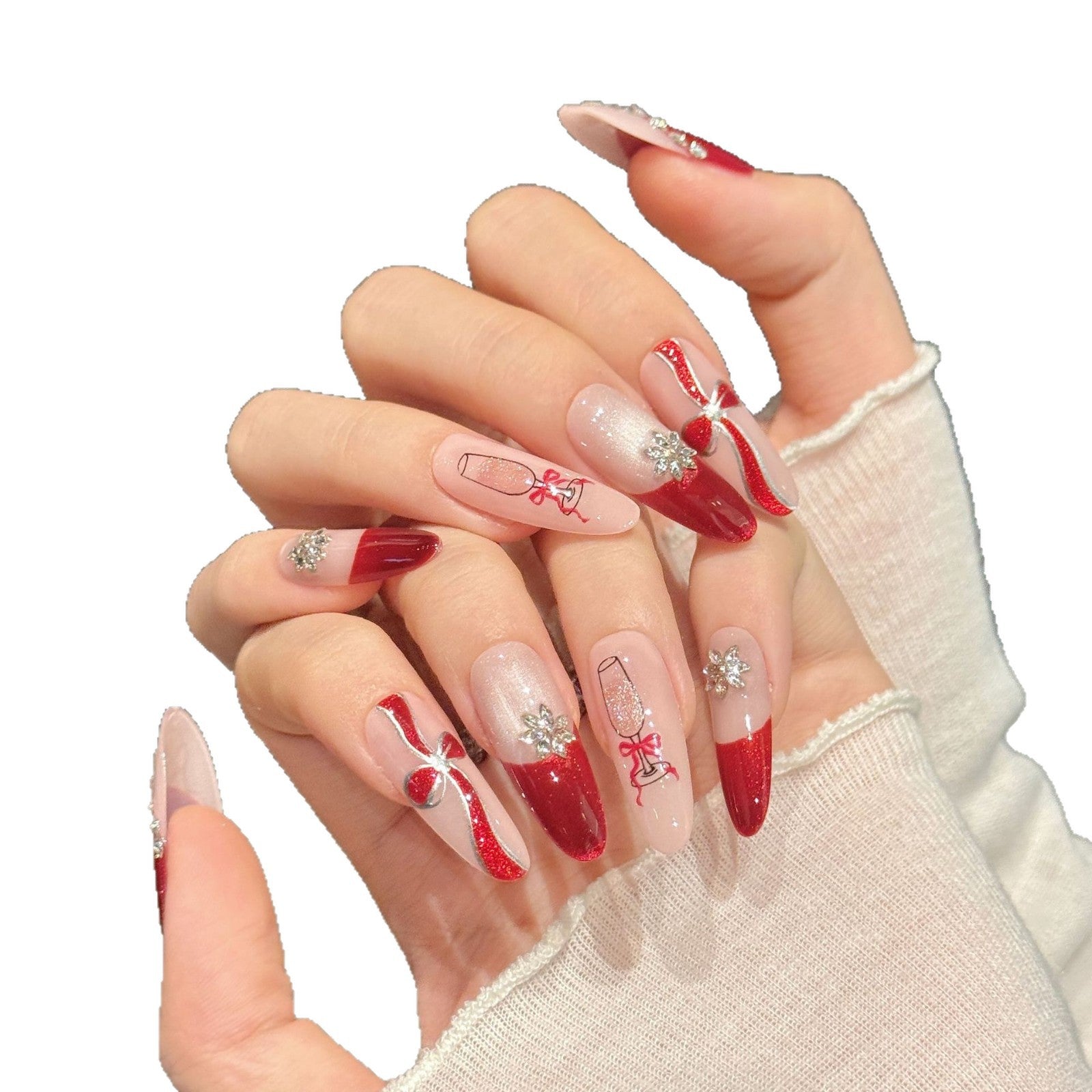 Red Glitter Bow Crystal Festive Press On Nails