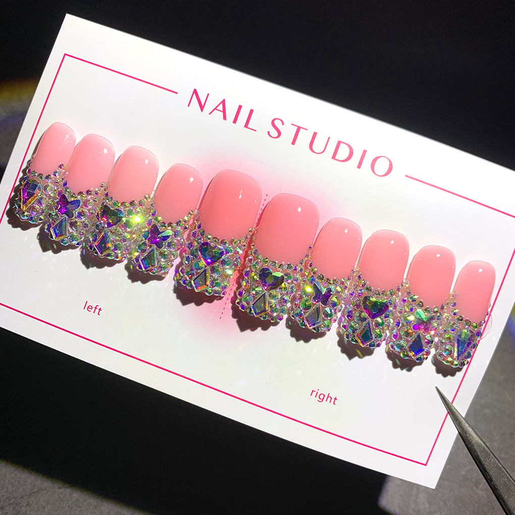 Pink AB Crystal Full Tip Glam Press On Nails