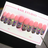 Pink AB Crystal Full Tip Glam Press On Nails