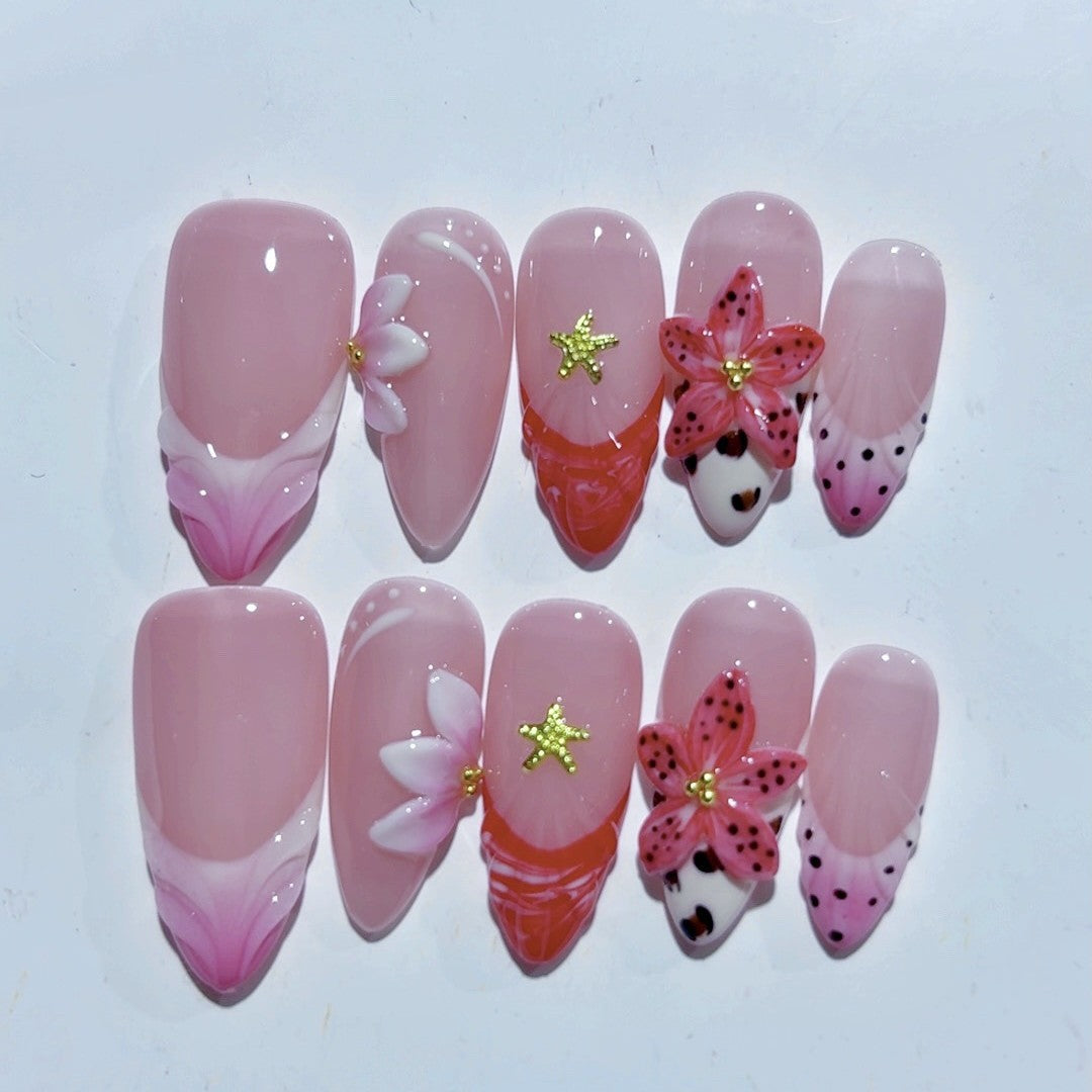 Whimsical Couture: "Strawberry Cow & Floral Fantasy" – Almond French Tip Press Ons