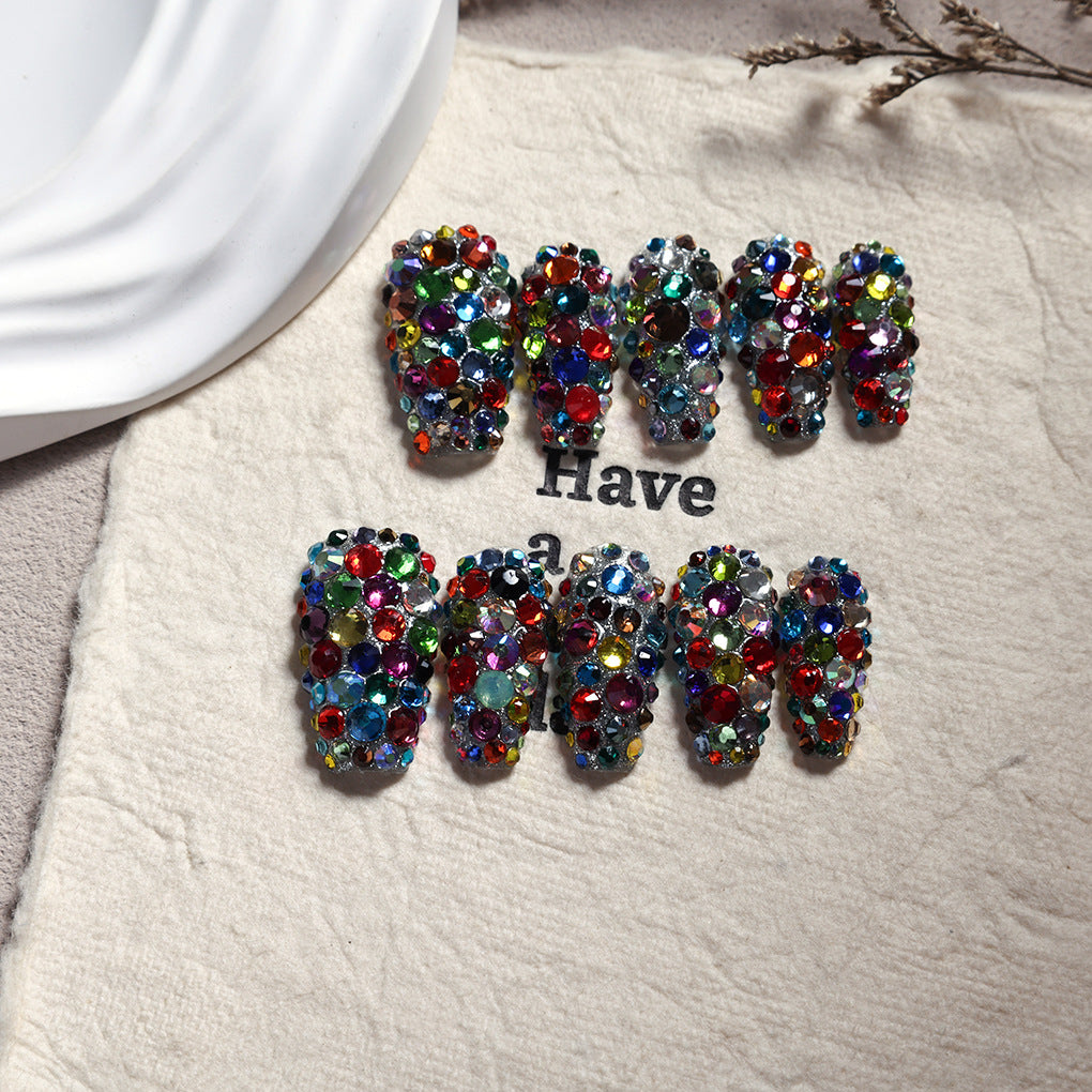 Multicolor Crystal Full Cover Statement Press On Nails