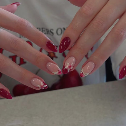 French burgundy 3D three-dimensional flower short almond press-on nails