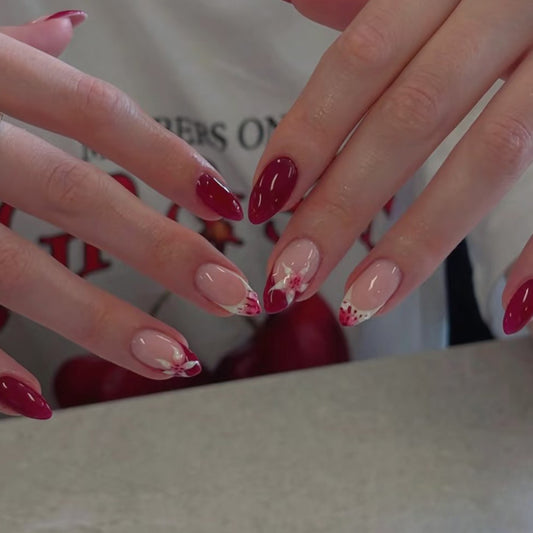 French burgundy 3D three-dimensional flower short almond press-on nails