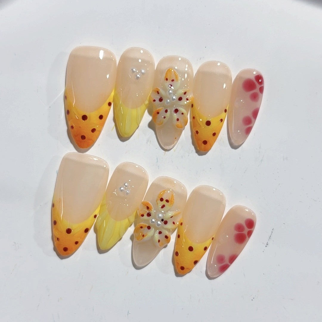 Citrus Bloom: "Fruity Floral" – Almond Shape Handmade Painted Press-On Nails
