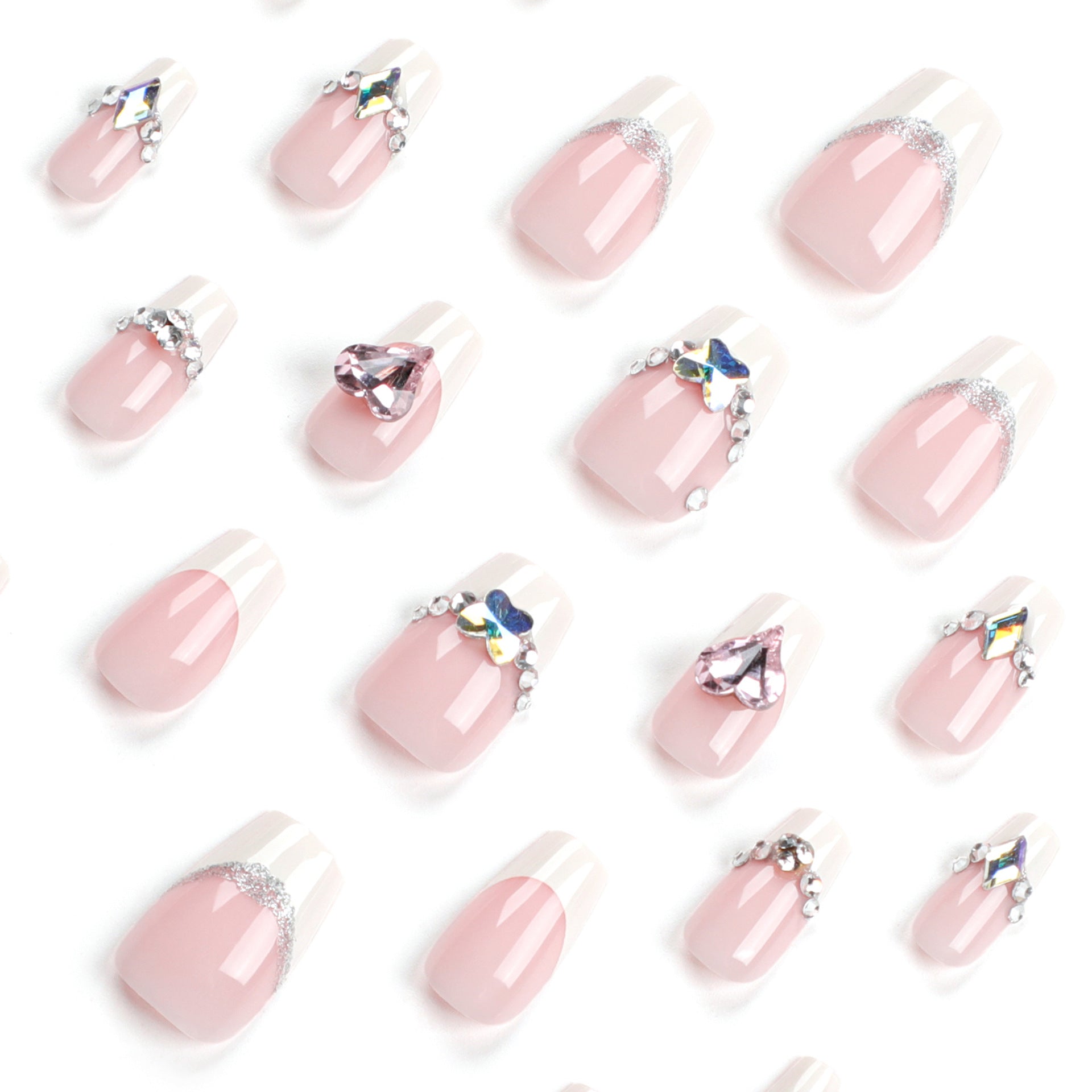 Unhas francesas com flash de diamantes explosivos, adesivos de unha removíveis e usáveis, arte de unhas falsas ｜365nails