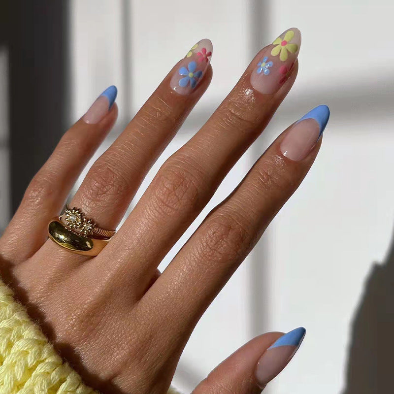 藍邊法式簡約花朵穿戴甲 批發｜365nails