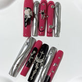Red Silver Metallic Cross Statement Press On Nails