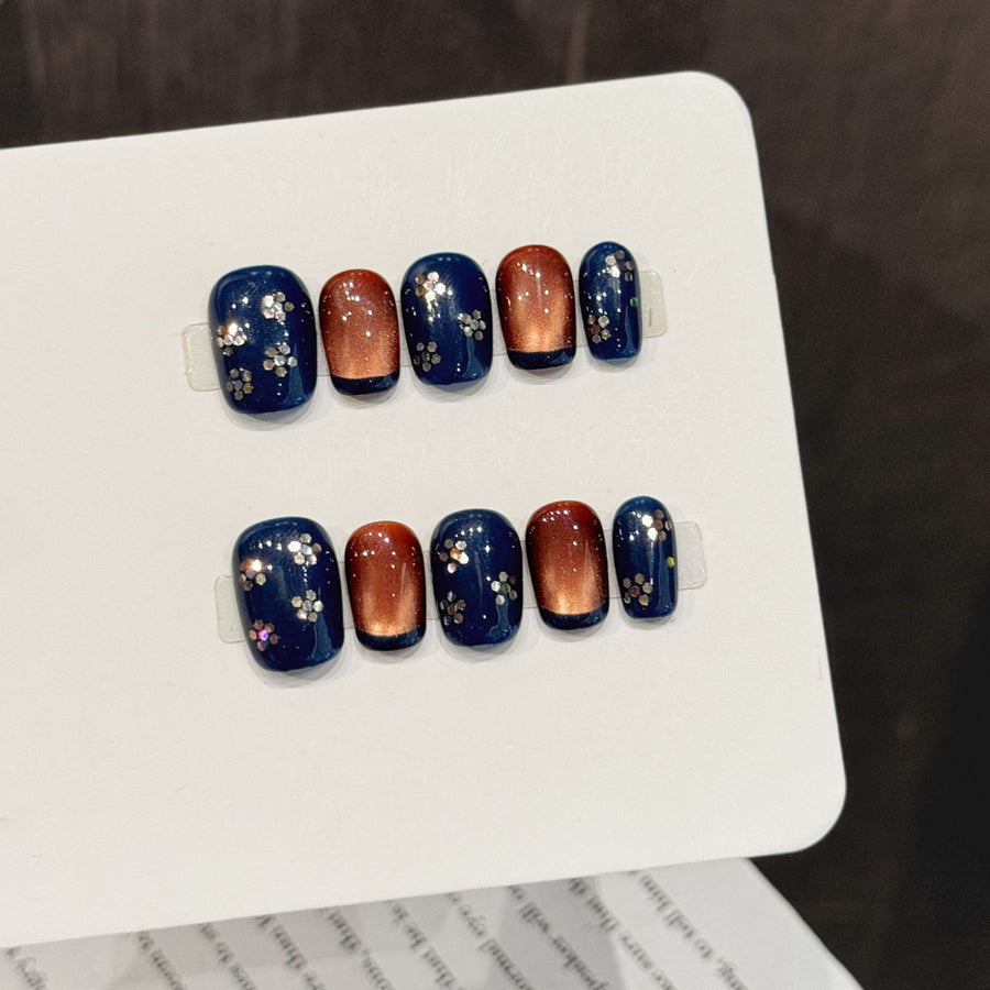 365nails: "Cosmic Dusk" – Magnetic Cat-Eye & Floral Handmade Short Square Nails