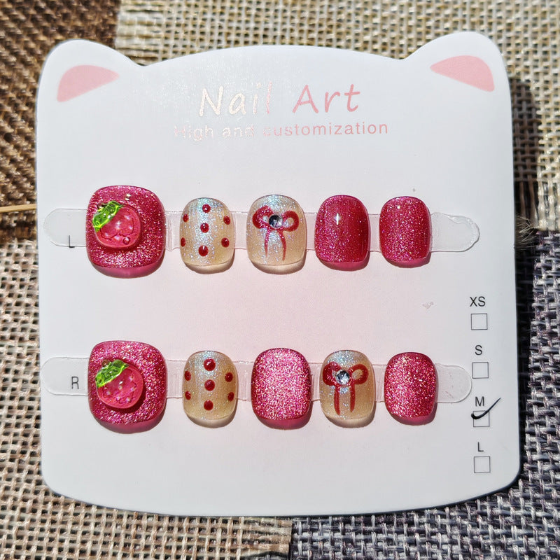 365nails: "sparkling strawberry sweetheart" – short round handmade kids press-on nails