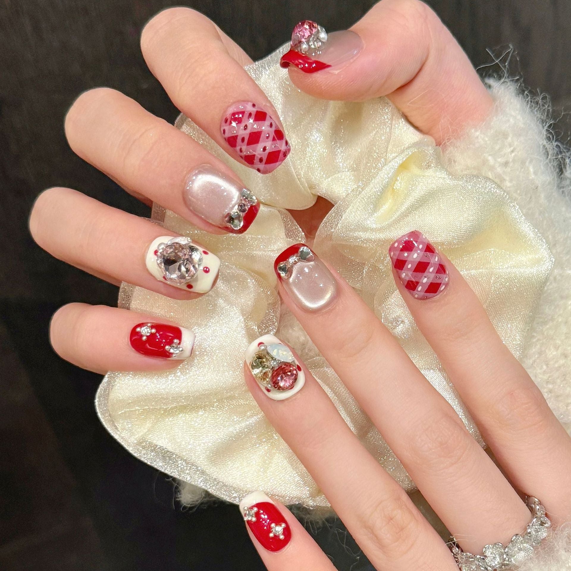 365nails: "Candy Plaid" – 3D Bow & Rhinestone Handmade Square Nails