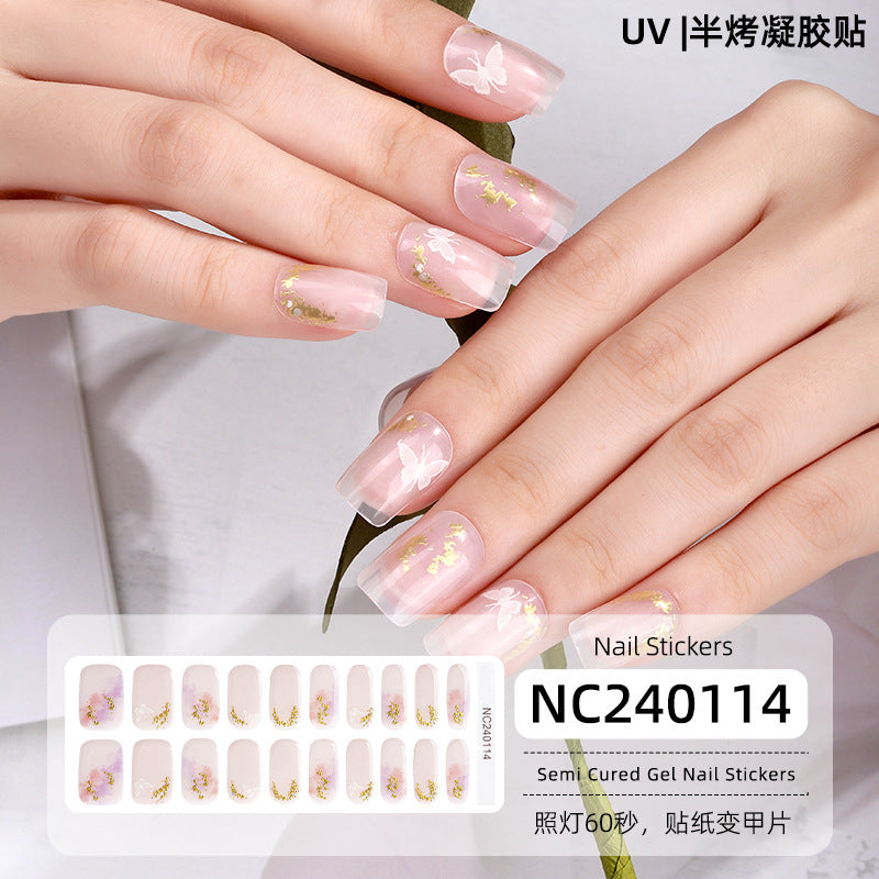 Semi-Cured Gel Nail Strips French Glitter Pink Sparkle Glossy Set (MOQ=3)