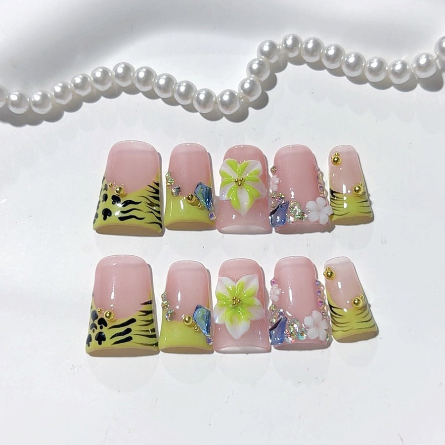 Jungle Bloom: "Tiger Lily" – Short Square Handmade Press On Nails