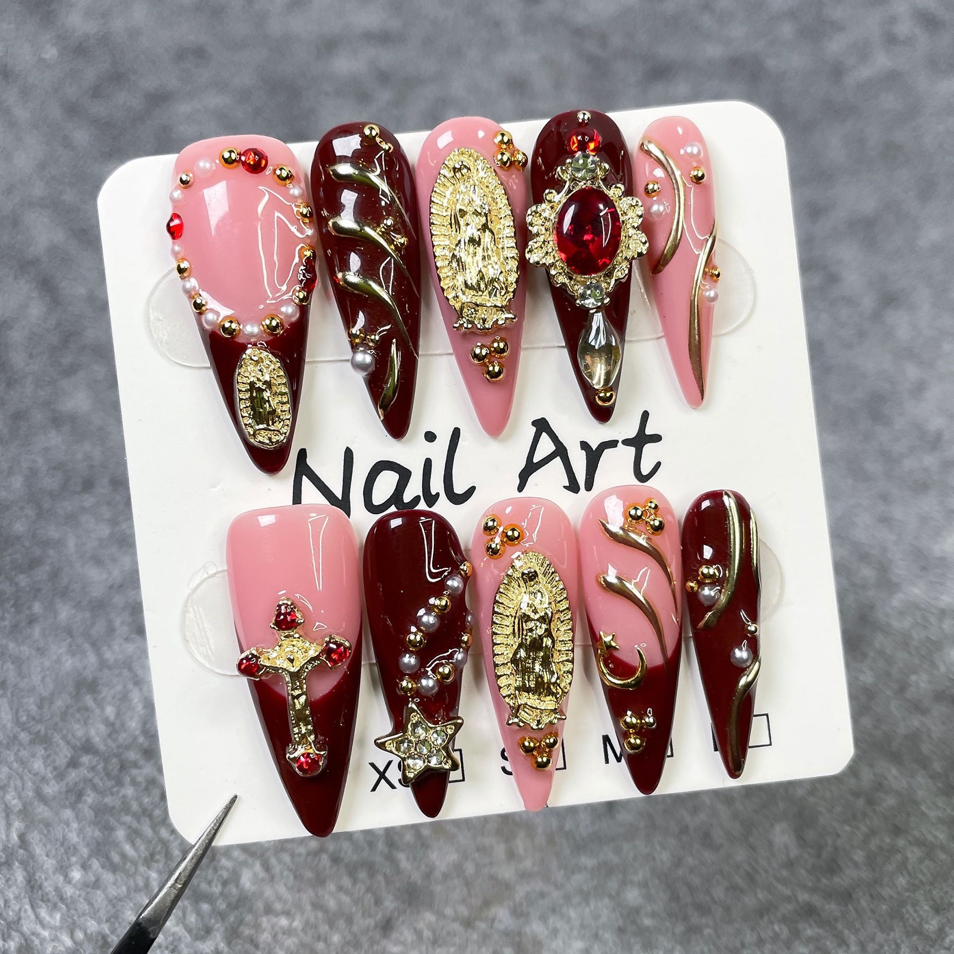 Opulent Gothic Red Gem Virgin Mary Long Press-On Nails