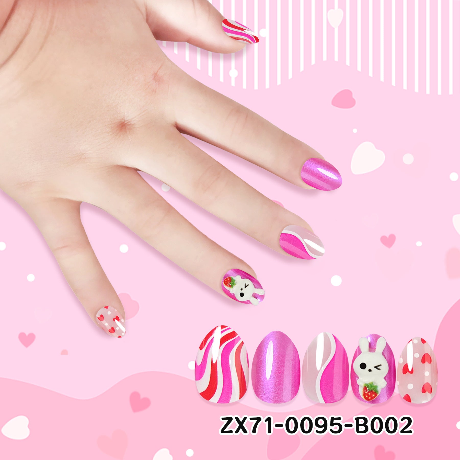 Kids press-on nails Pointed head round head almond cartoon with drill 24 pieces with jelly glue