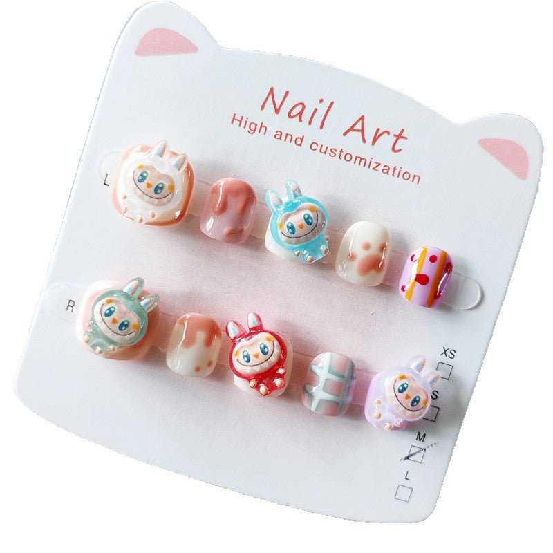 365nails: 馬卡龍 Labubu 夥伴 – 短款圓形手工製兒童穿戴甲