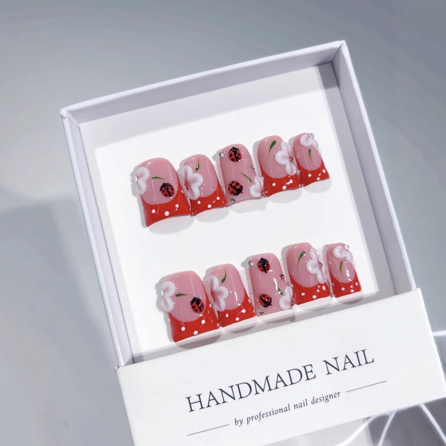 Whimsical Garden: "Ladybug Blossom" – Square Shape Handmade Press-On Nails