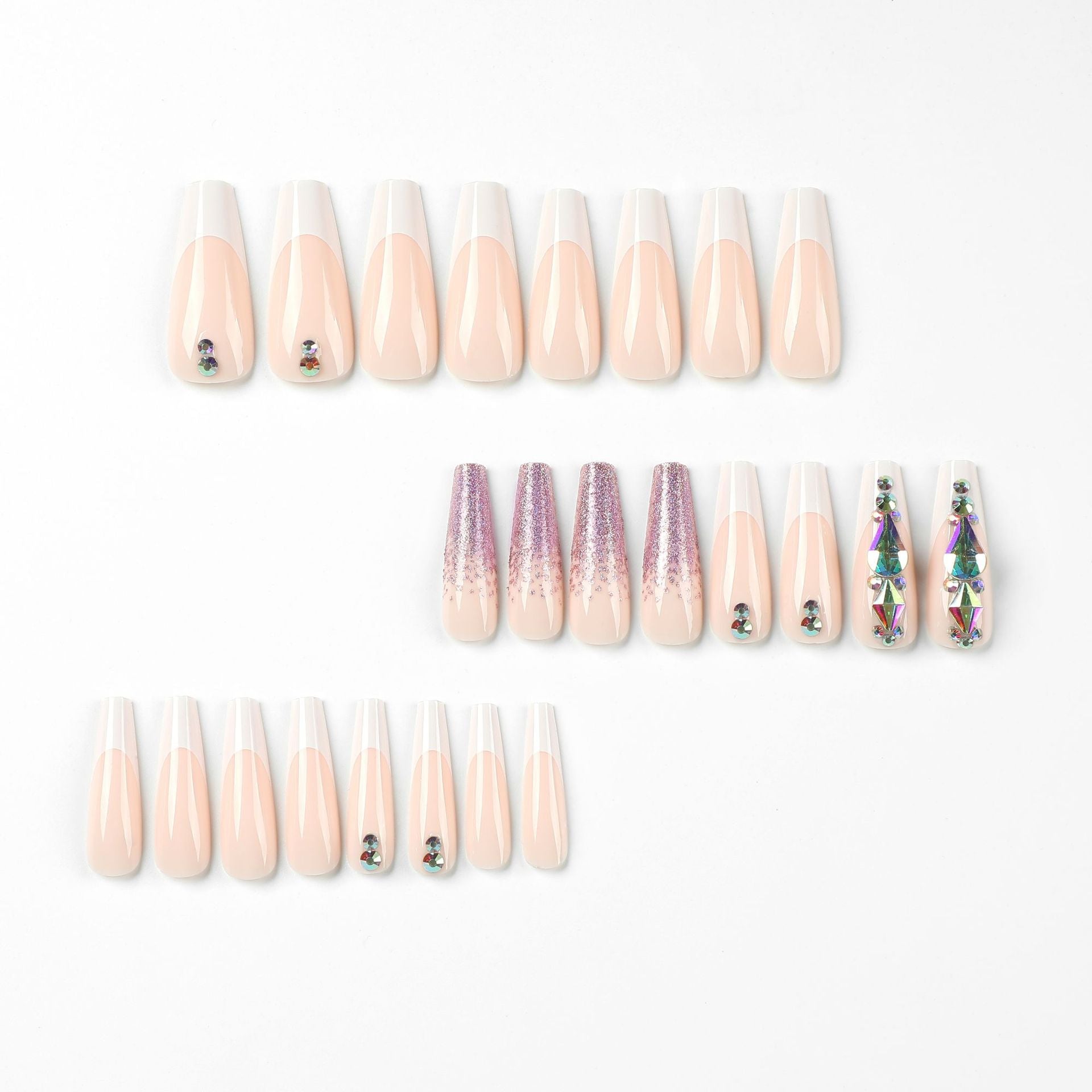 Peça de unha removível Patch de manicure francesa branca Adesivo de unha com glitter roxo e strass Peça de unha removível ｜ 365 unhas