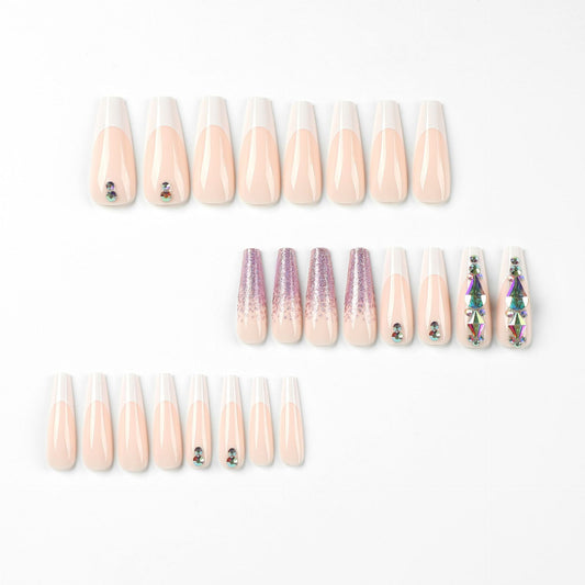 Wear nail piece White French manicure patch Wear nail purple glitter rhinestone nail sticker Removable nail piece｜365nails