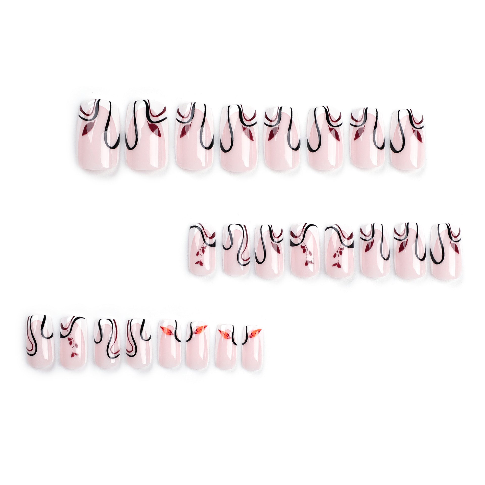 法式白邊 秋冬落葉圖案 黑色弧線 方形穿戴甲片 批發｜365nails
