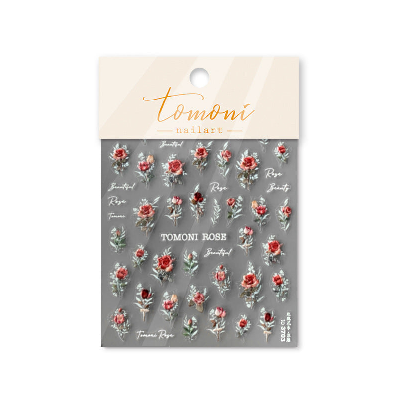 365nails: 復古紅玫瑰搭配金箔 指甲貼紙