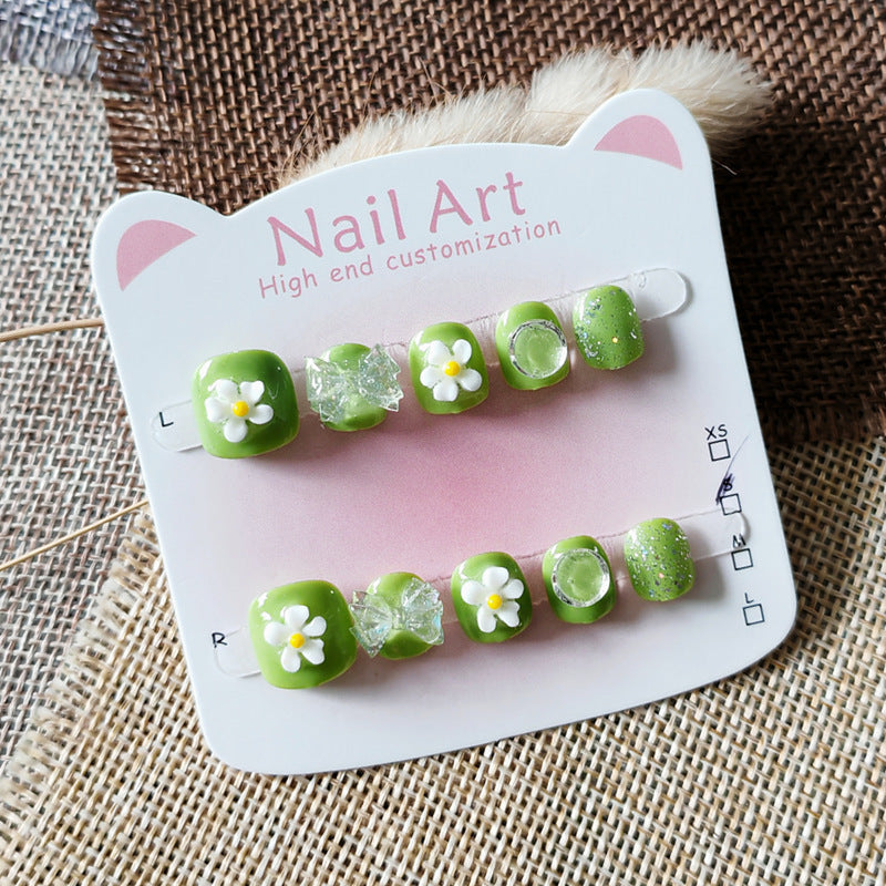 365nails-Daisy Green Kids Series: "Fresh Daisy Spring" – Short Square Kids Nail Art