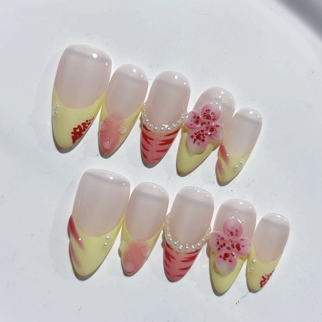365nails-檸檬櫻桃：「果香花卉」 – 杏仁形 手工製 穿戴甲