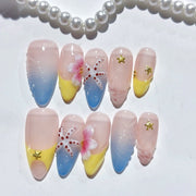 365nails：「海灘海星與雞蛋花」– 中長款杏仁形海洋花卉手工製穿戴甲