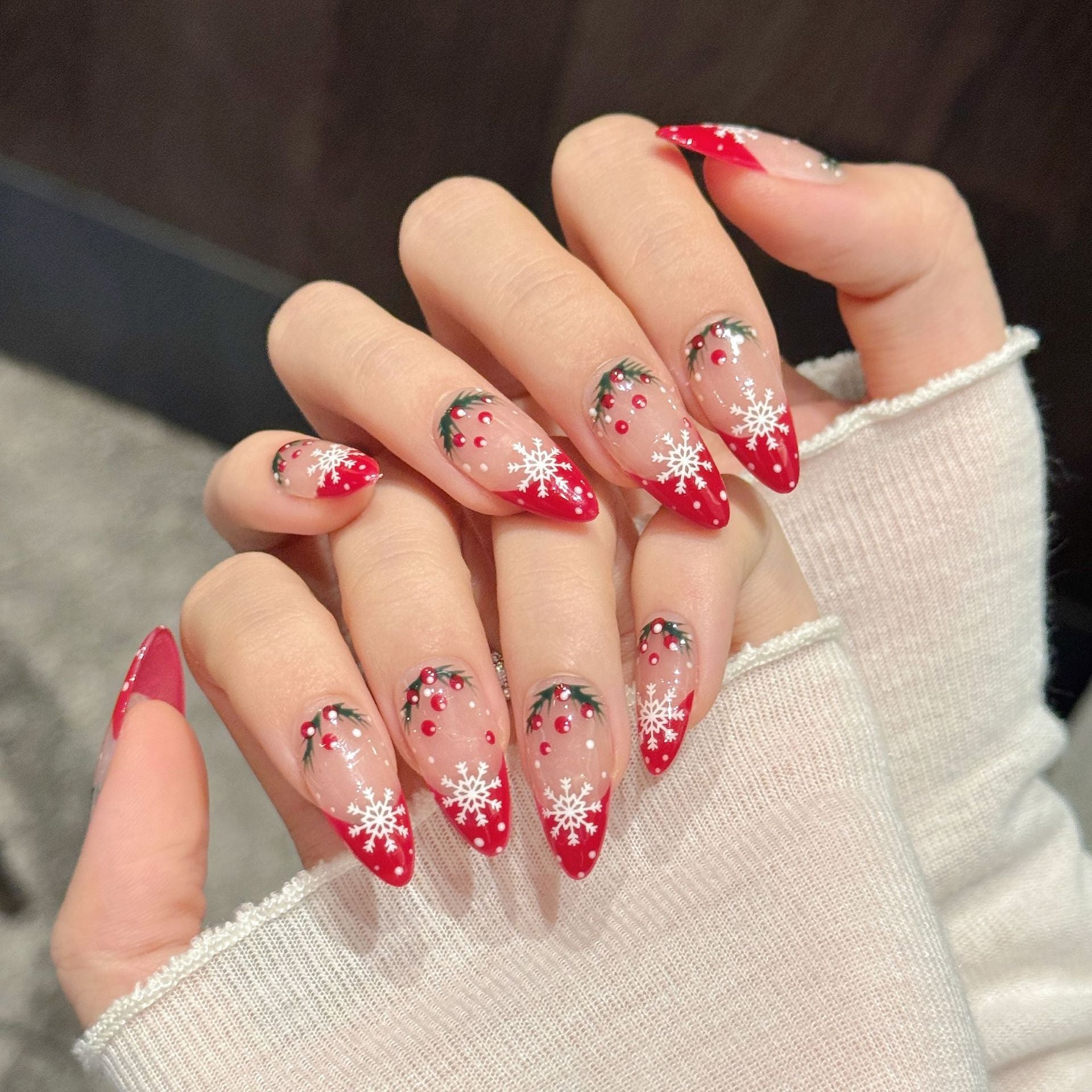 Red Snowflake Christmas French Gradient Press On Nails