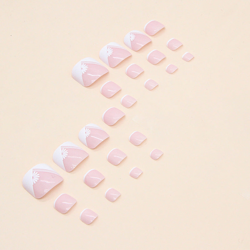 Unhas postiças francesas simples de margarida branca, unhas postiças pequenas para meninas, manicure especial para unhas postiças｜365nails
