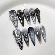 Gothic Silver Ombré Butterfly Gem Long Press-On Nails