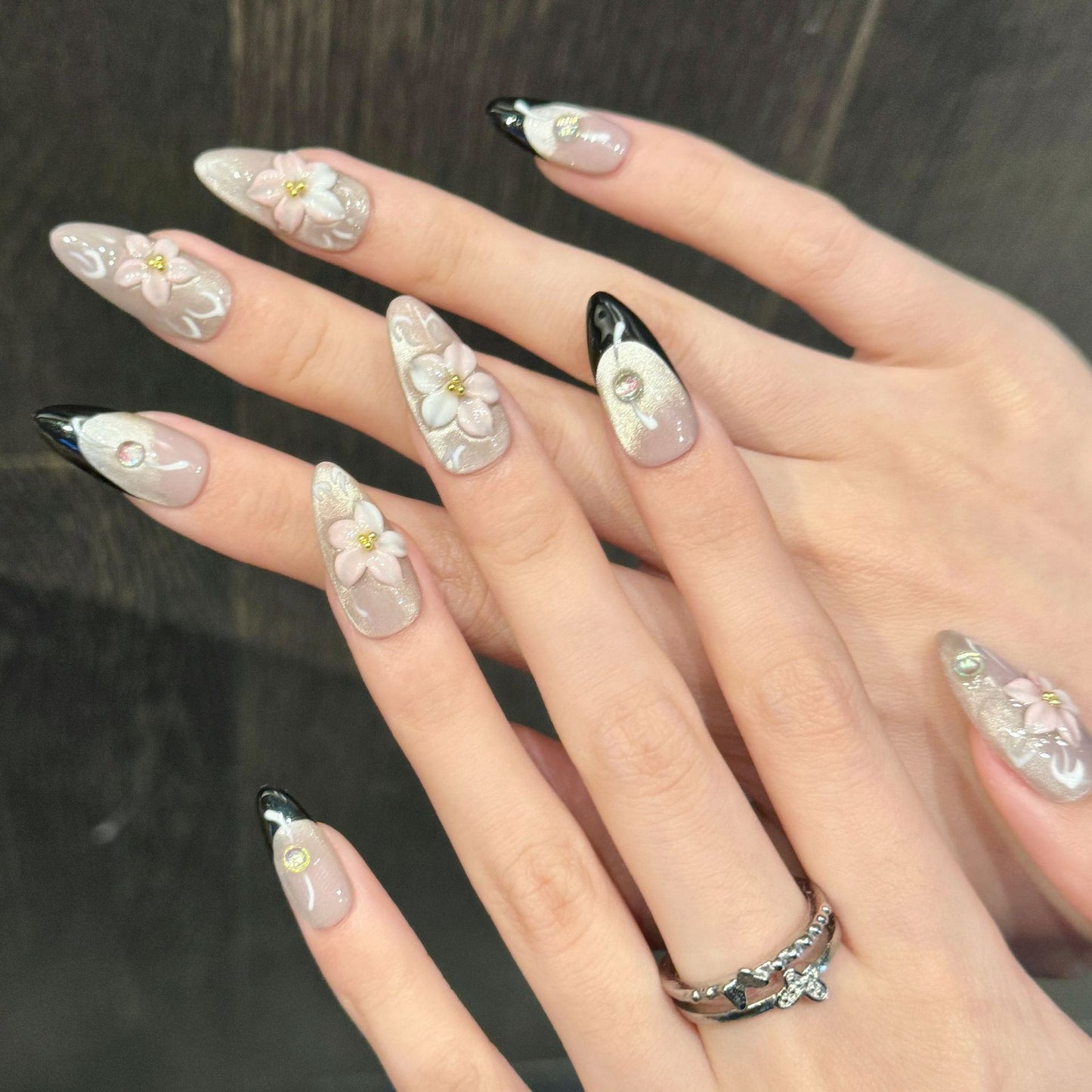 Pink Handmade Carved press on nails Simple and Delicate cat eye French Almond | 365nails