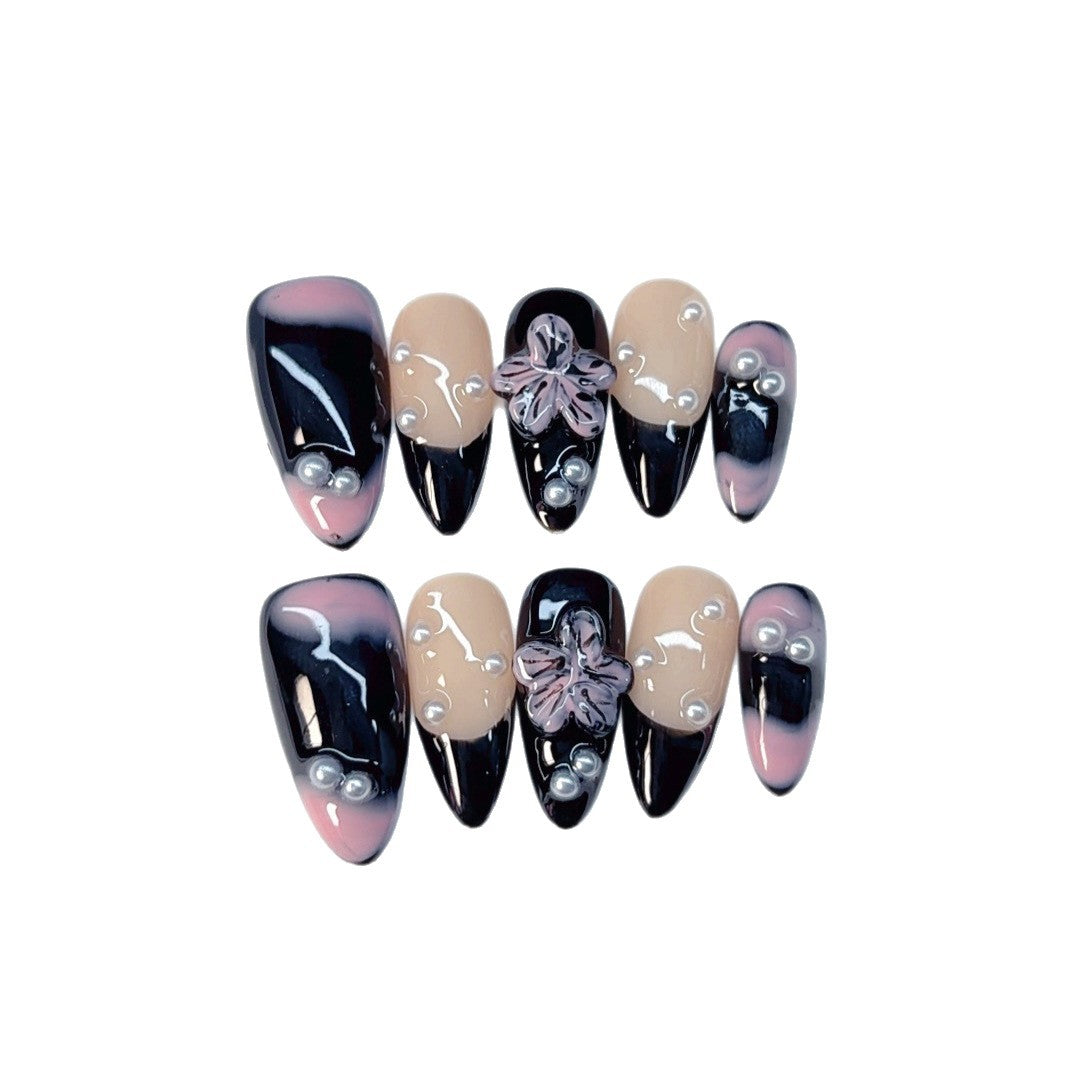 365nails: "午夜櫻花黑夜" – 中長款 杏仁形 黑粉漸層 3D花朵 手工製 穿戴甲