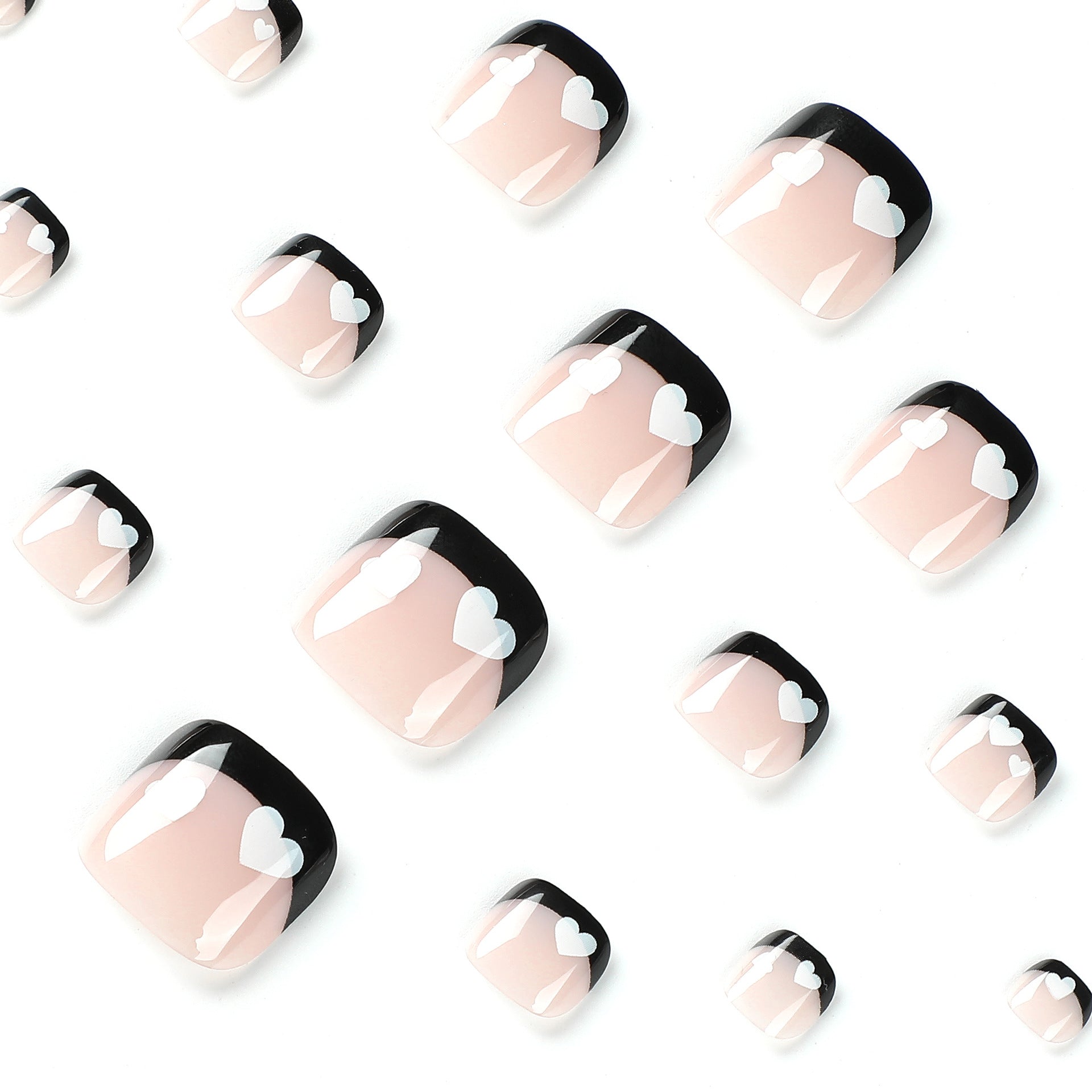 黑色法式足部甲片 白色愛心圖案 批發成品｜365nails