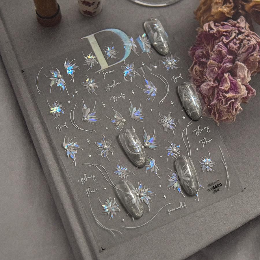 Fairy Iridescent Blooming Flower Nail Stickers | Pearl, Crystal & Text Decals