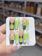Fresh Green Floral Crystal Art Press On Nail Set