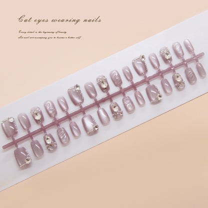 Pontas de unha pré-fabricadas, unhas postiças, peça removível de unha estilo olho de gato lavanda simples, remendo de unha curta tridimensional em T｜365nails