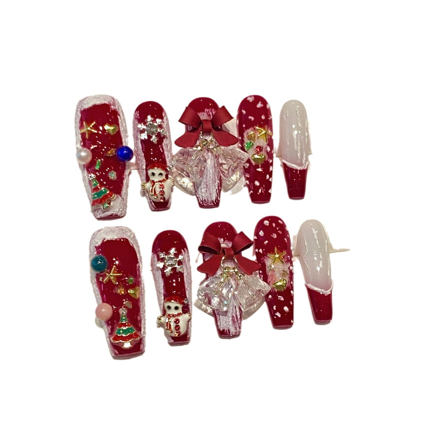 Red Christmas Press‑On Nails – Santa Bow & Gift Ornament Design