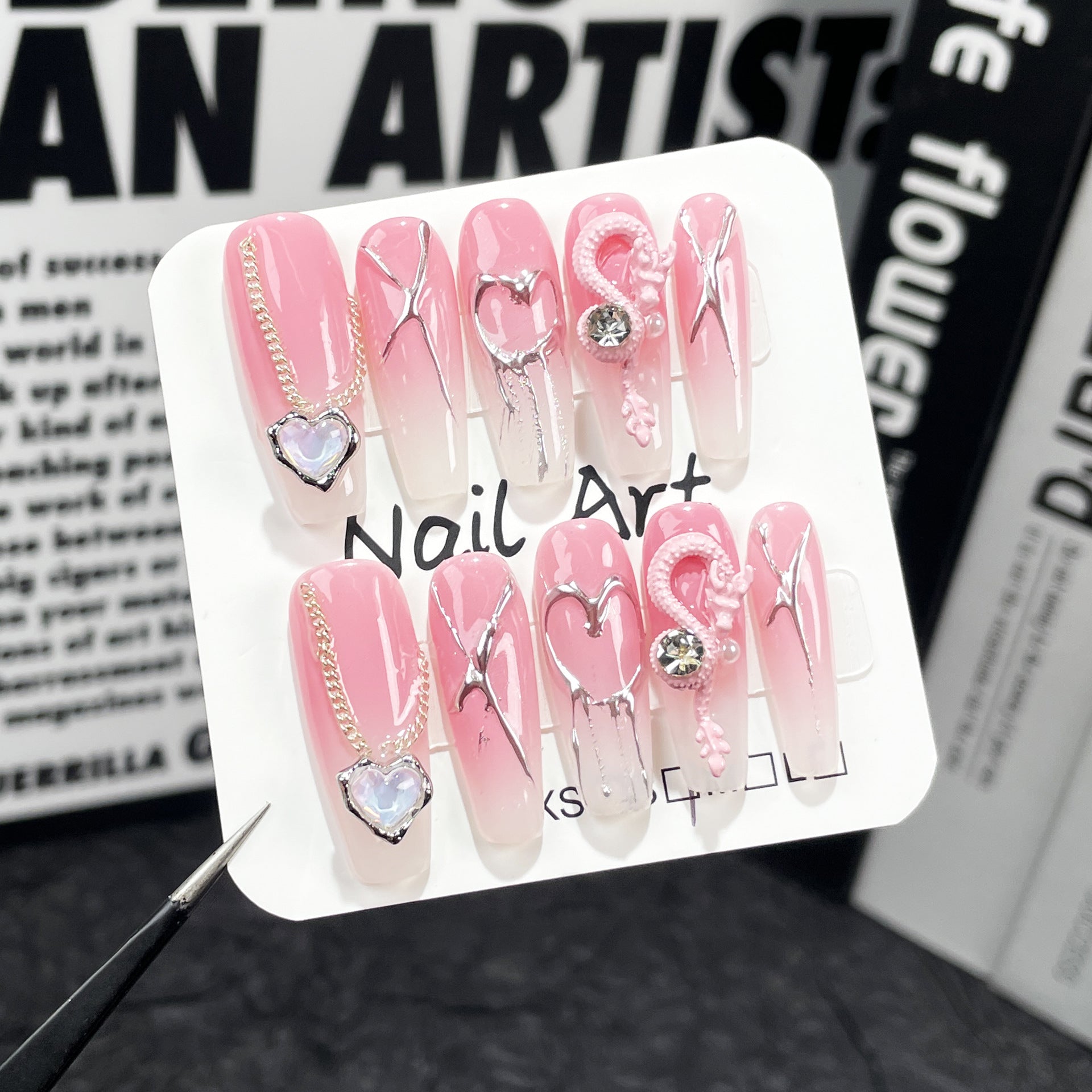 Sweet-Cool Pink Nails with Metallic Dragon and Crystal Heart