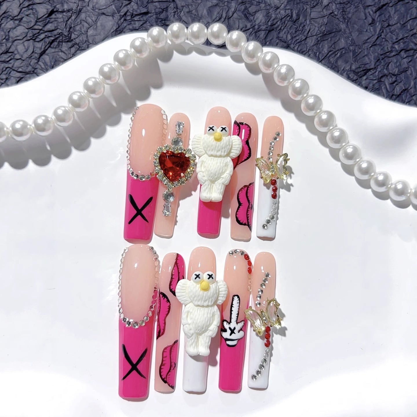 Pink Teddy Bear Heart Charm Statement Press On Nails