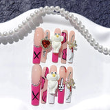 Pink Teddy Bear Heart Charm Statement Press On Nails