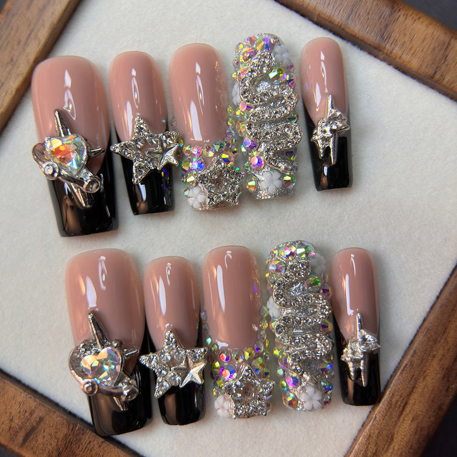 Ongles press-on noirs de luxe avec cristaux en forme d'étoile