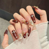 Elegant Burgundy Gold Floral Press On Nails Set